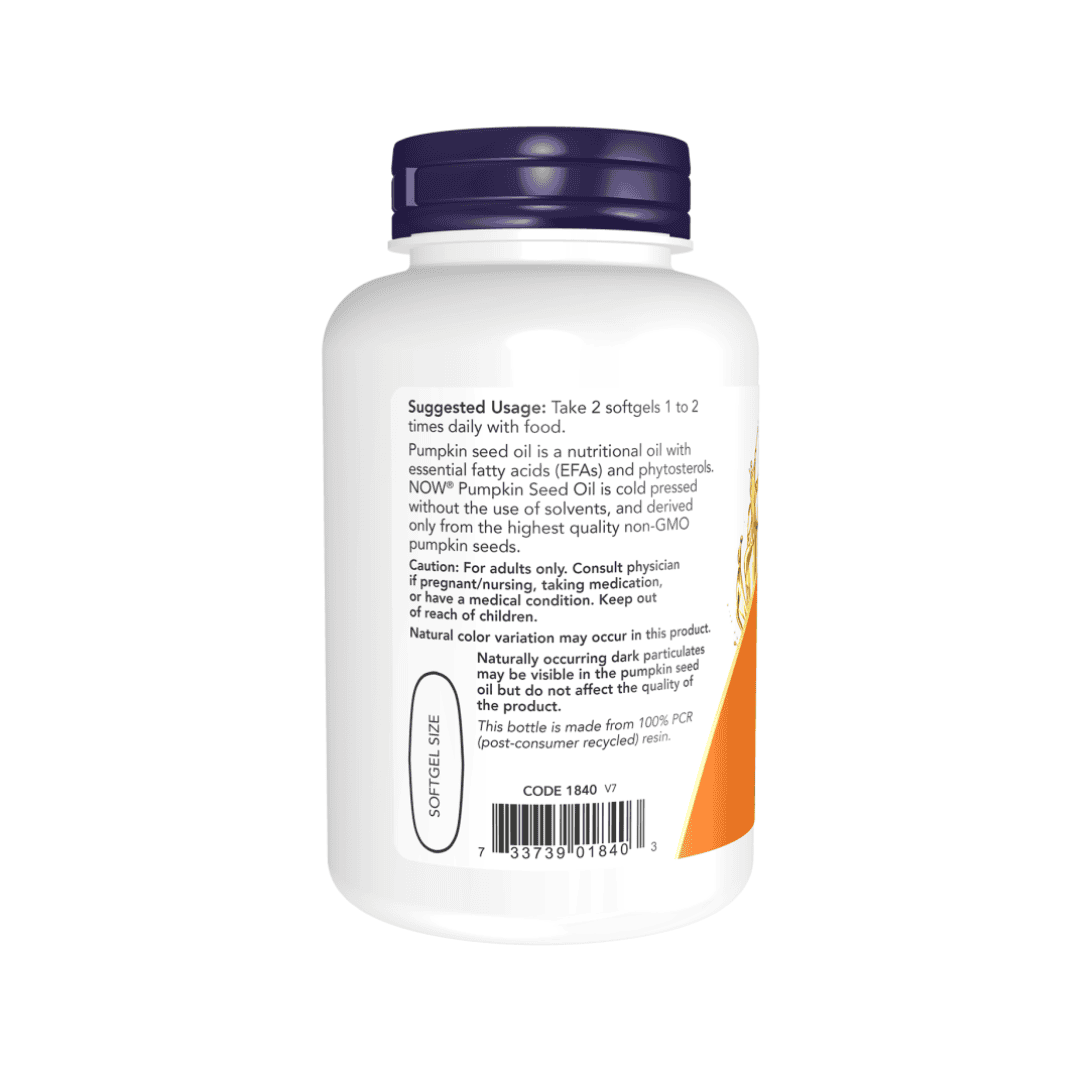 Frasco de suplemento dietético de aceite de semilla de calabaza Now Foods de 1000 mg que contiene 100 cápsulas de aceite de semilla de calabaza.