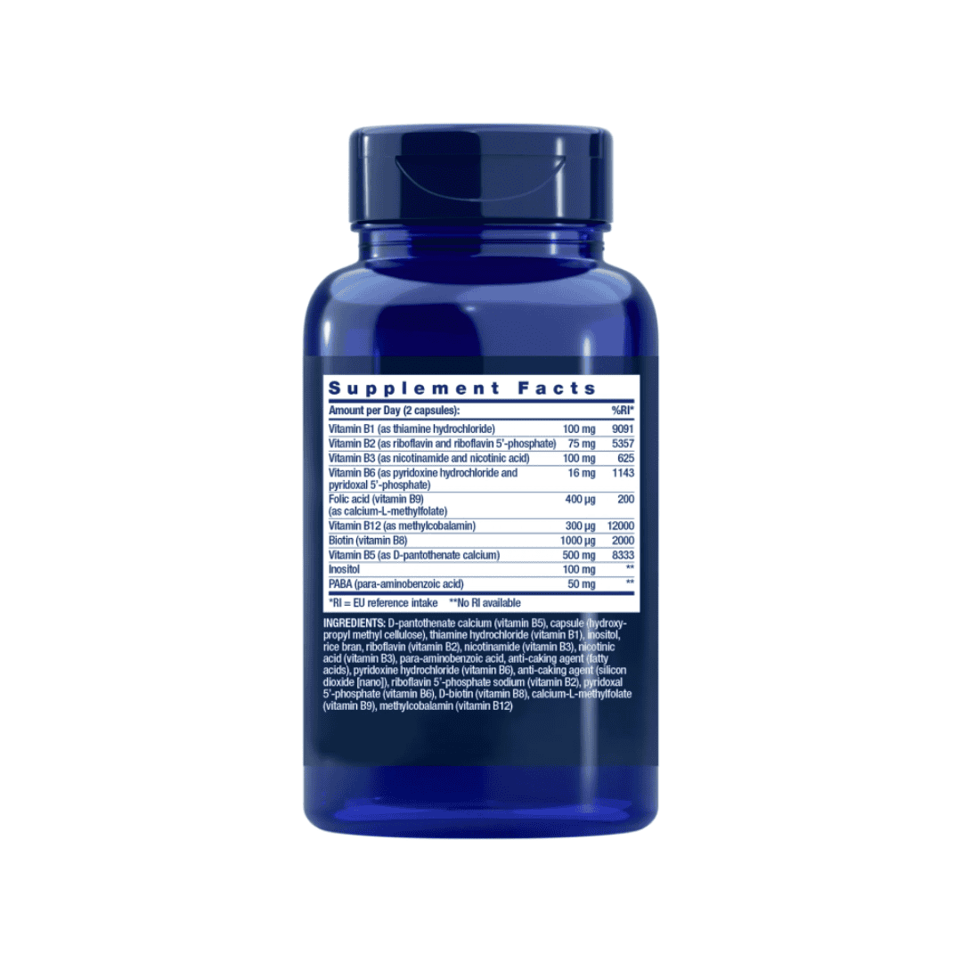 Suplemento BioActive Complete B-Complex Life Extension em frasco com 60 cápsulas, fórmula completa de vitaminas do complexo B para energia e metabolismo saudável.