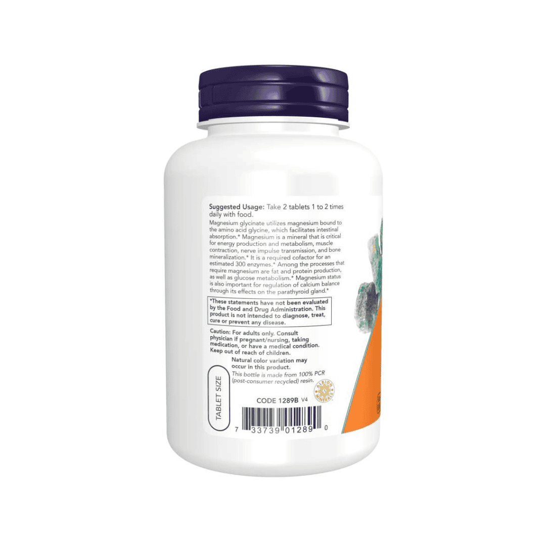 Suplemento dietético de glicinato de magnesio de Now Foods, frasco de 180 comprimidos, que favorece la salud muscular, nerviosa y ósea.