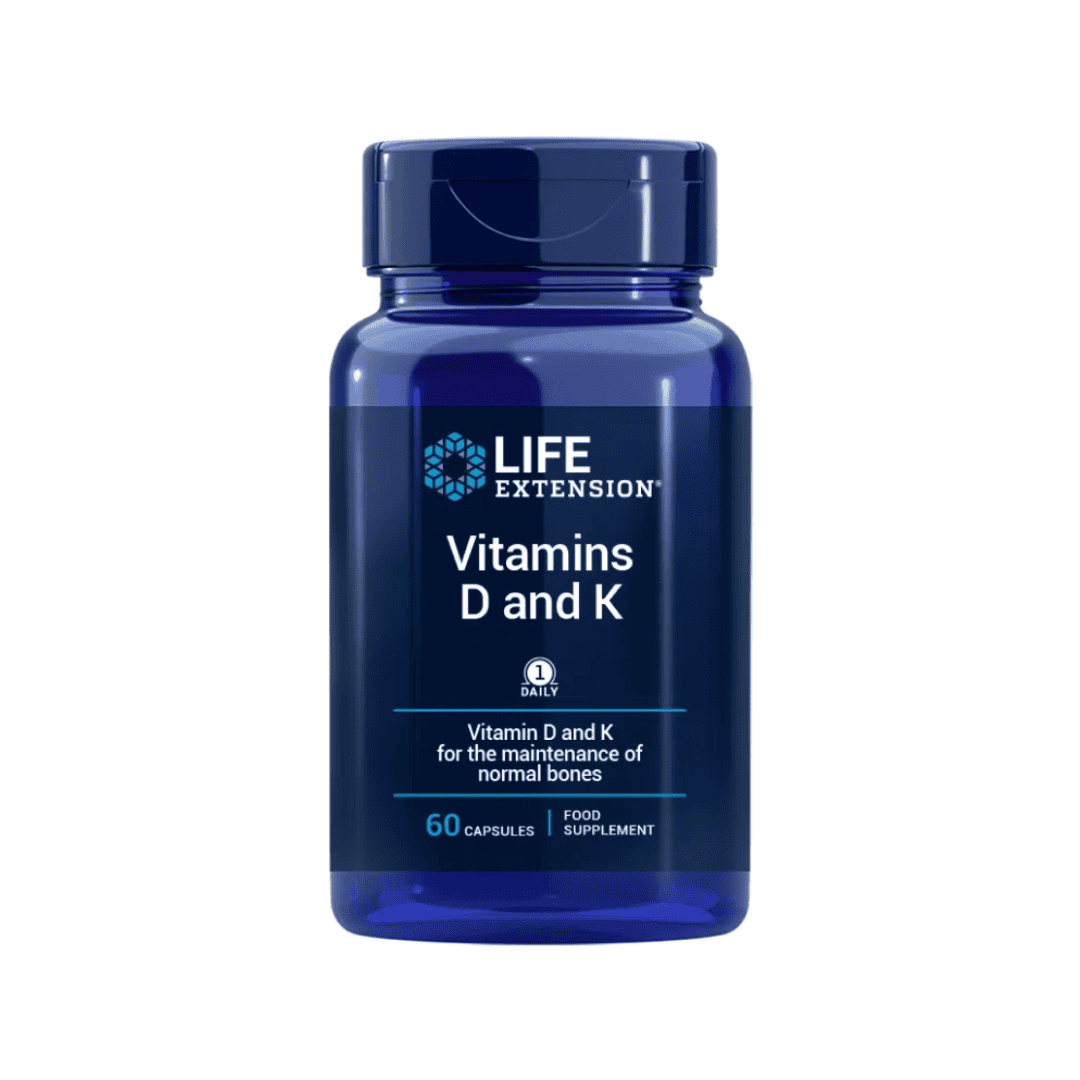 Suplemento Vitamina D e K Life Extension em frasco com 60 cápsulas vegetais, combinação de vitaminas essenciais para ossos fortes e saúde cardiovascular.