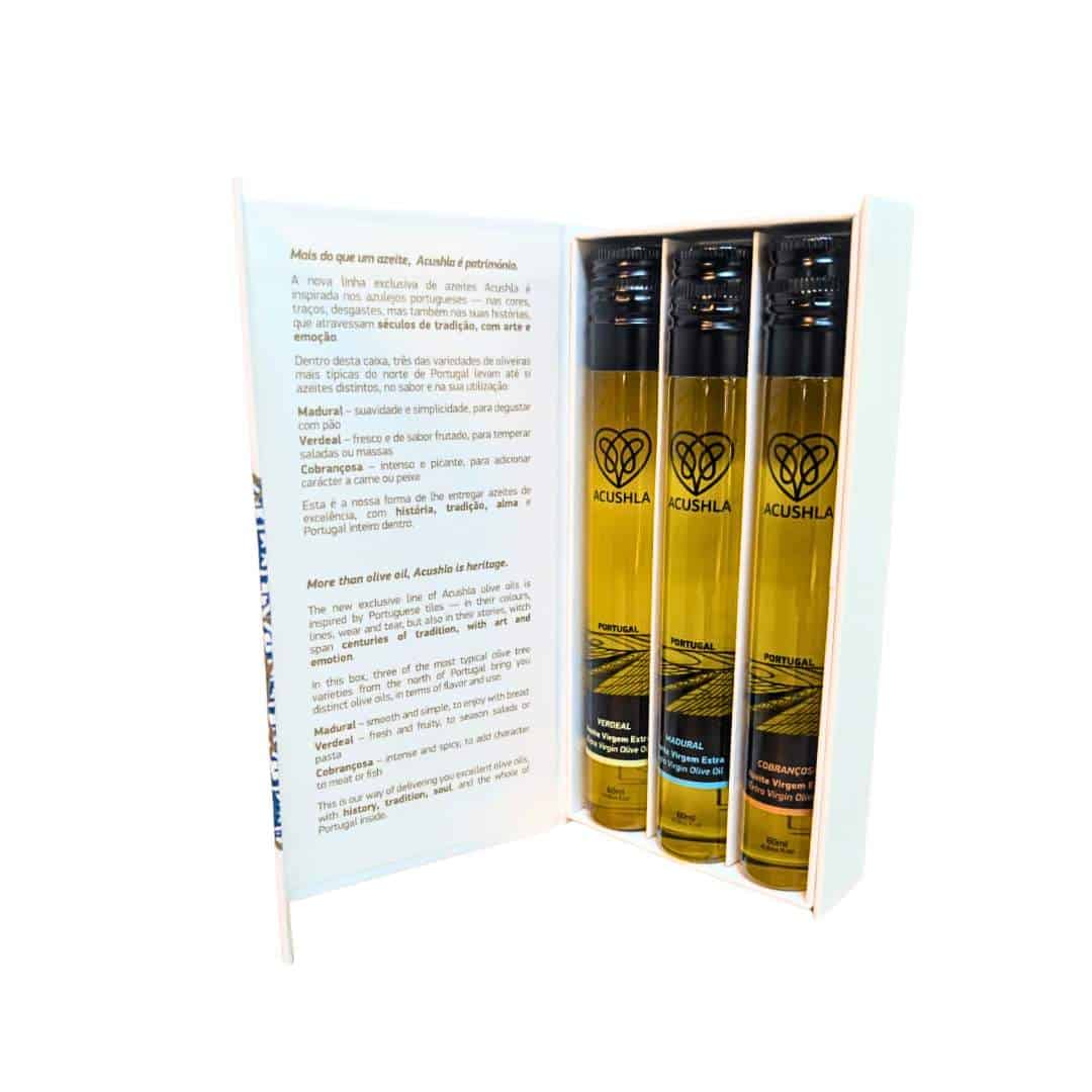 Pack original Acushla com azeite virgem extra das variedades Verdeal Madural e Cobrançosa em frascos de 60ml