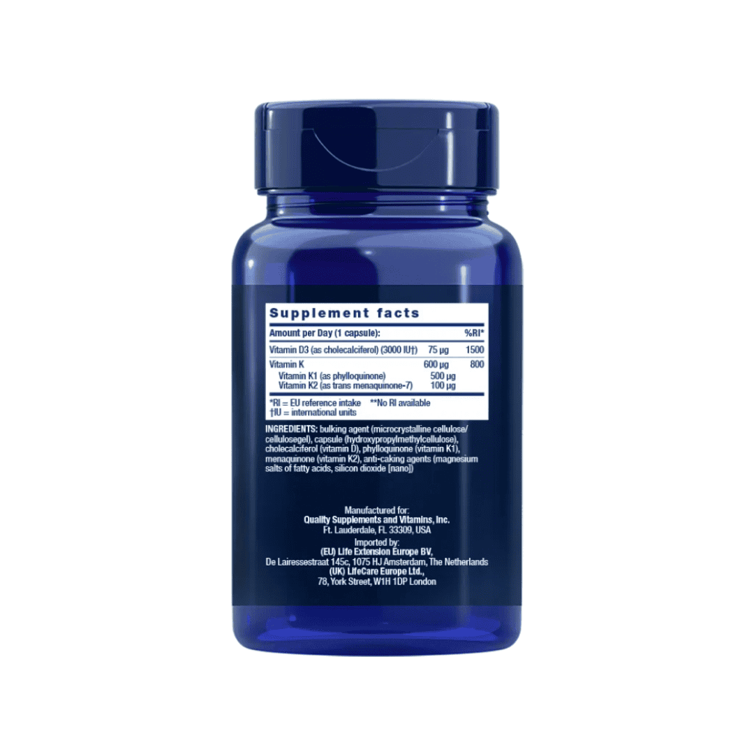 Suplemento Vitamina D e K Life Extension em frasco com 60 cápsulas vegetais, combinação de vitaminas essenciais para ossos fortes e saúde cardiovascular.