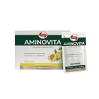 Aminovita, un suplemento con sabor a maracuyá de Vitafor, se presenta en una caja con 30 sobres de 10 g cada uno. Su fórmula es rica en aminoácidos esenciales para la energía y la recuperación muscular.