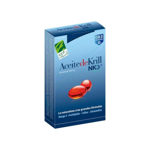 NKO Cien de Cien Natural Krill Oil, 40 cápsulas, un complemento alimenticio rico en omega-3 EPA y DHA.