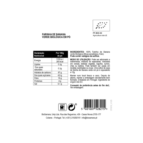 BioSamara Harina de Plátano Verde en Polvo 125g en envase tipo bolsa con base, un suplemento natural rico en fibra resistente.
