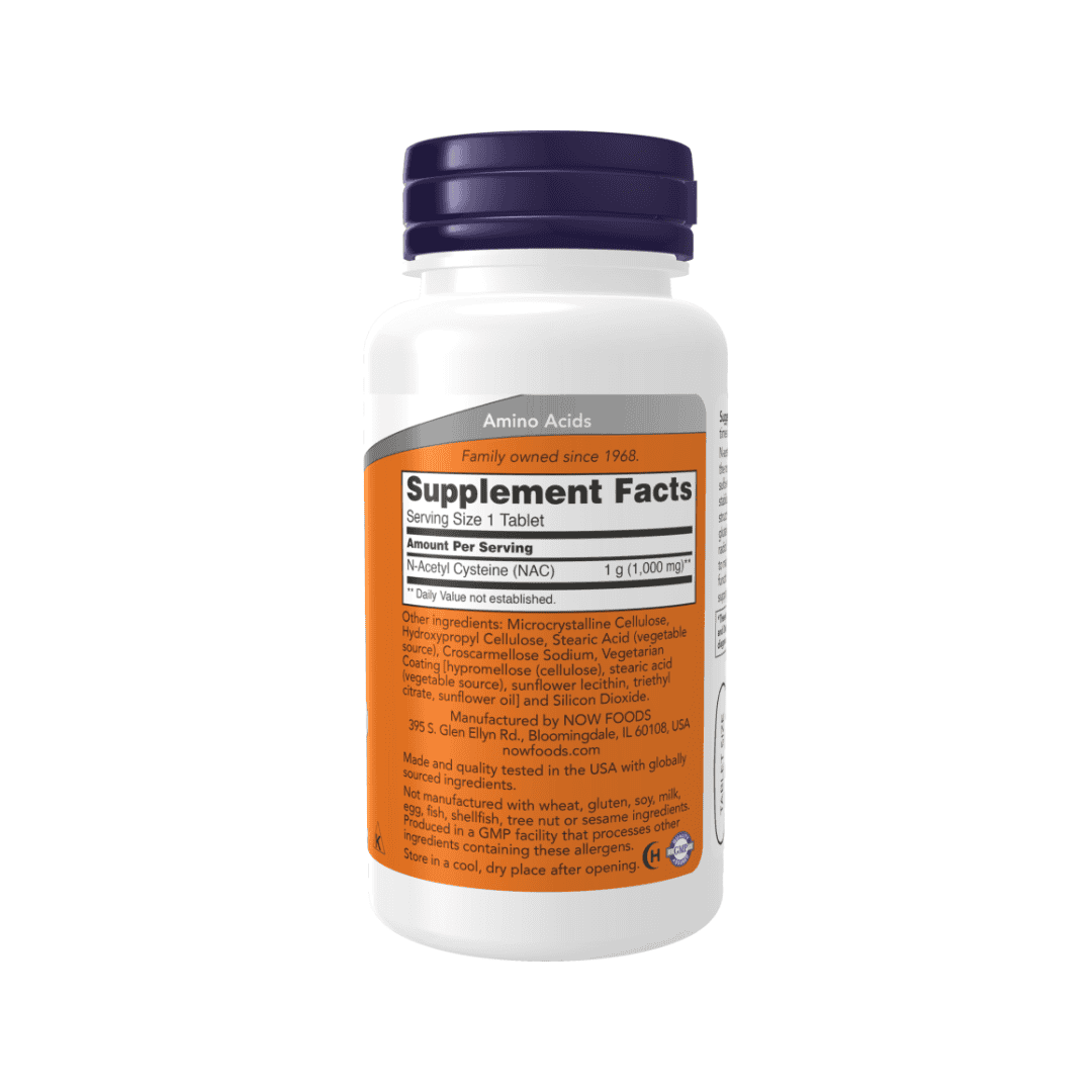 Frasco de suplemento alimentar NAC 1000mg Now com 120 comprimidos, apoio antioxidante e saúde celular.