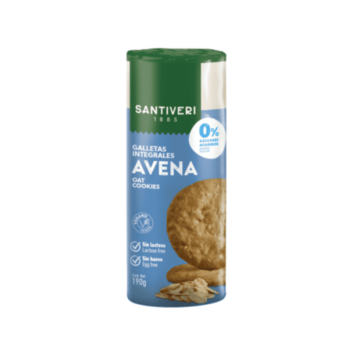 Galletas de avena integral Santiveri en un paquete de 190 g, elaboradas con ingredientes naturales y ricas en fibra.