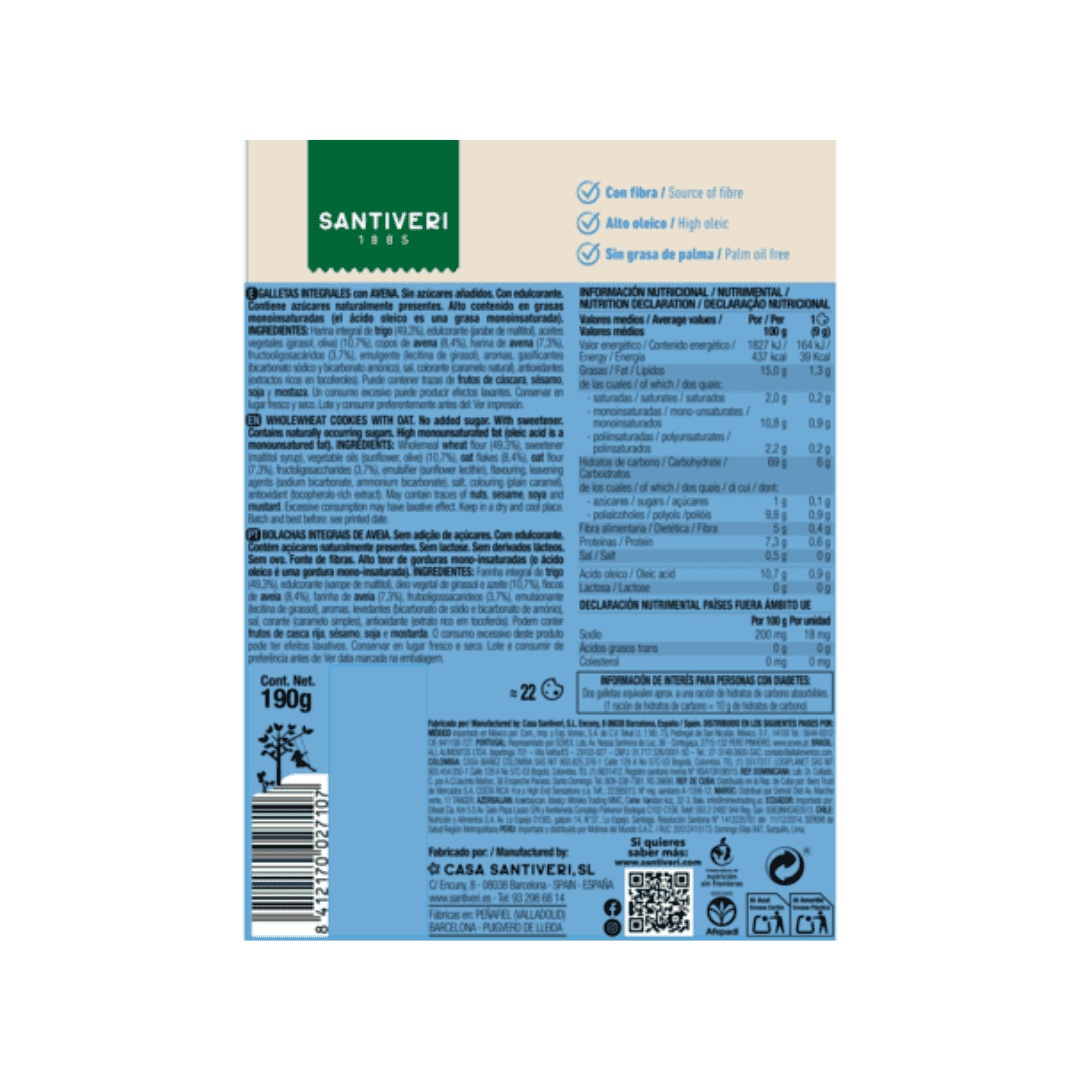 Galletas de avena integral Santiveri en un paquete de 190 g, elaboradas con ingredientes naturales y ricas en fibra.