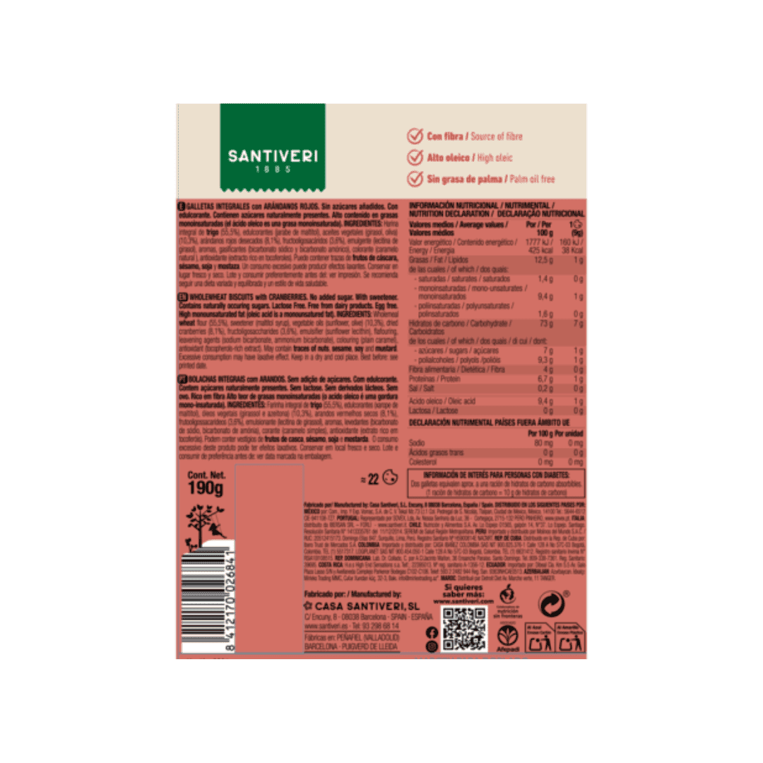 Galletas integrales Santiveri con arándanos rojos en un paquete de 190 g, con trozos de fruta e ingredientes naturales.