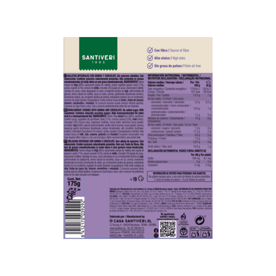 Galletas integrales Santiveri con quinoa y chocolate, en un paquete de 175 g, que combinan cereales integrales con trozos de chocolate.