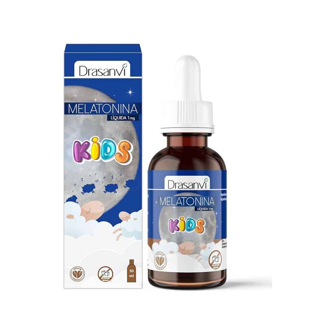 Melatonina líquida Kids Drasanvi 1 mg em frasco de 50 ml com conta-gotas, suplemento alimentar infantil em formato líquido.