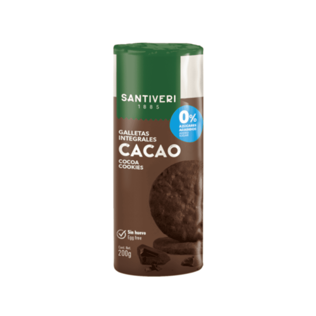 Bolachas integrais de cacau Santiveri em embalagem de 200g, com sabor intenso a cacau e feitas com ingredientes naturais.
