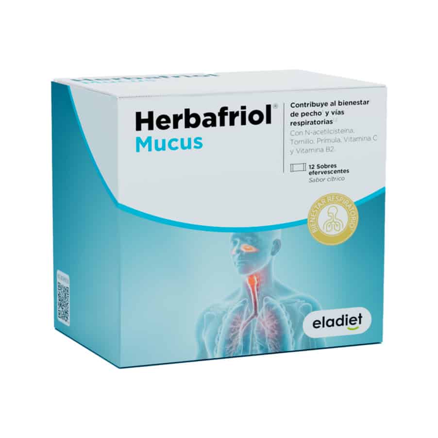 Eladiet Herbafriol Mucus, envase con 12 sobres, un complemento en polvo para el alivio de la tos con flema.
