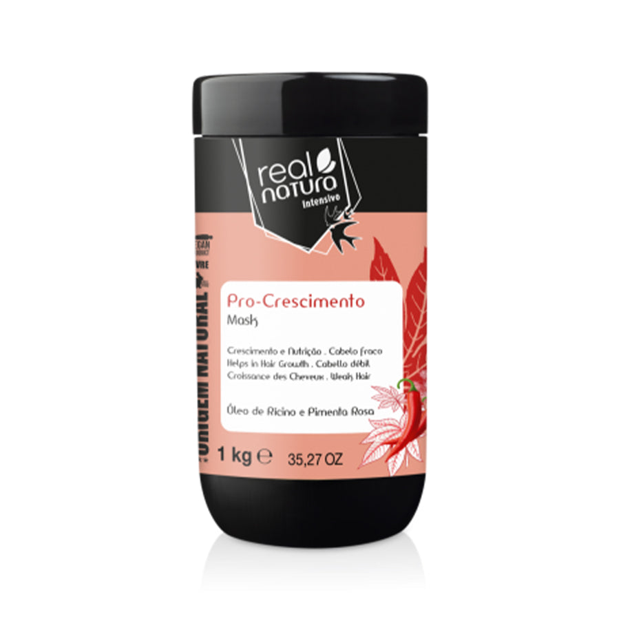 A Máscara Capilar Pro-Crescimento 1kg Real Natura é uma máscara capilar com óleo de rícino e pimenta rosa.