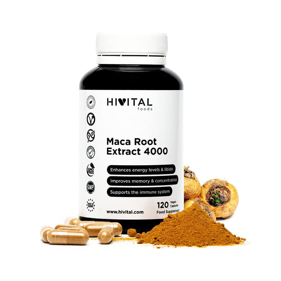 Frasco de 120 cápsulas de extracto concentrado de maca peruana de 4000 mg de la marca Hivital, un suplemento natural para aumentar la energía y la vitalidad.