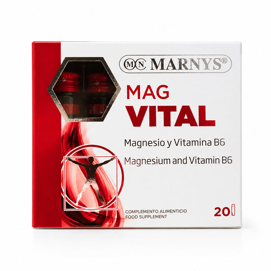 MagVital da Marnys é um suplemento alimentar em ampolas bebíveis que combina magnésio e vitamina B6. A sua fórmula fornece 375 mg de magnésio e 1,4 mg de vitamina B6 por ampola, contribuindo para complementar as necessidades diárias destes nutrientes.