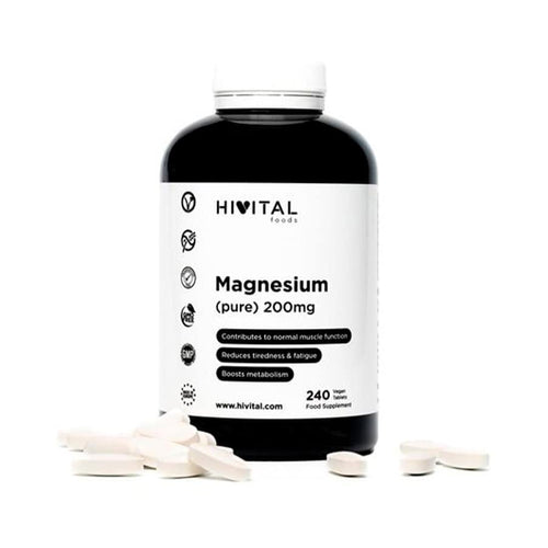 "Frasco de magnesio puro (citrato) de 200 mg con 240 comprimidos de Hivital, un suplemento para el desarrollo muscular y el aporte de energía."