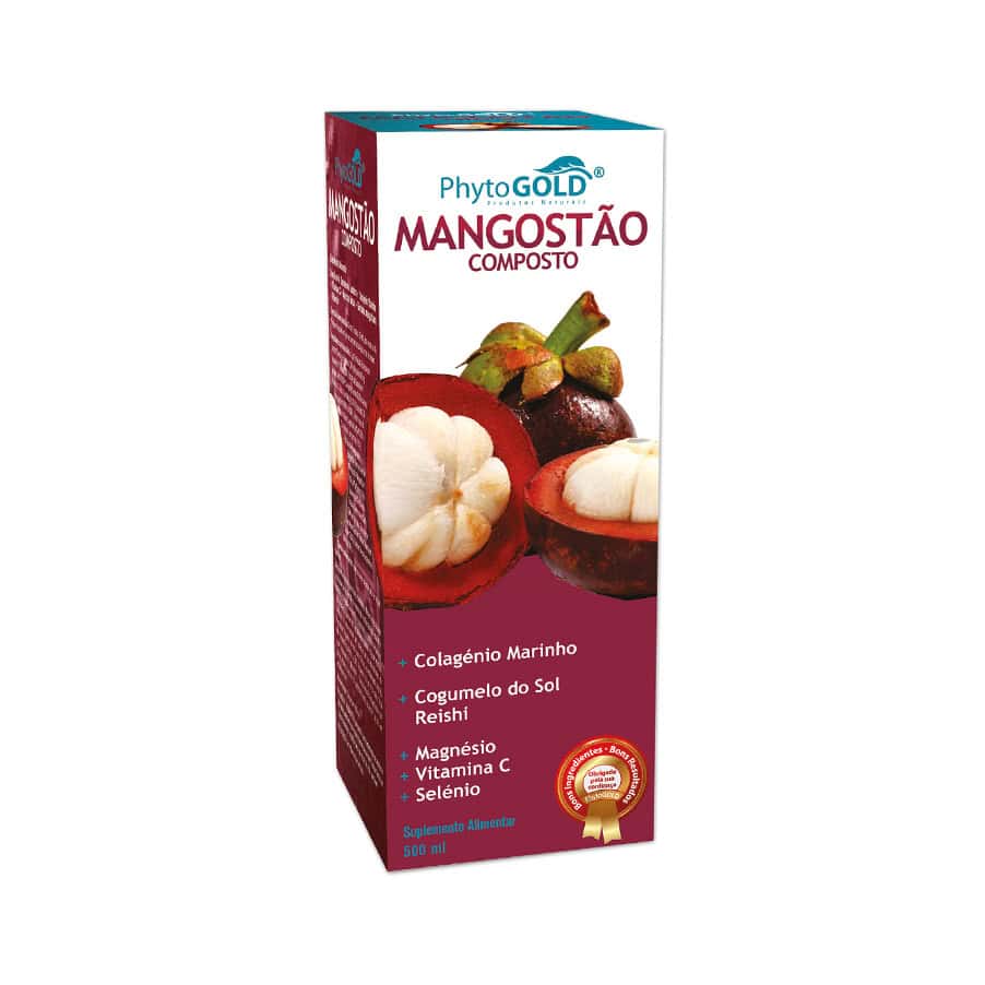 Suplemento líquido compuesto de mangostán Phytogold, botella de 500 ml, una fórmula natural con extractos de frutas y plantas para fortalecer el sistema inmunológico y el bienestar general.