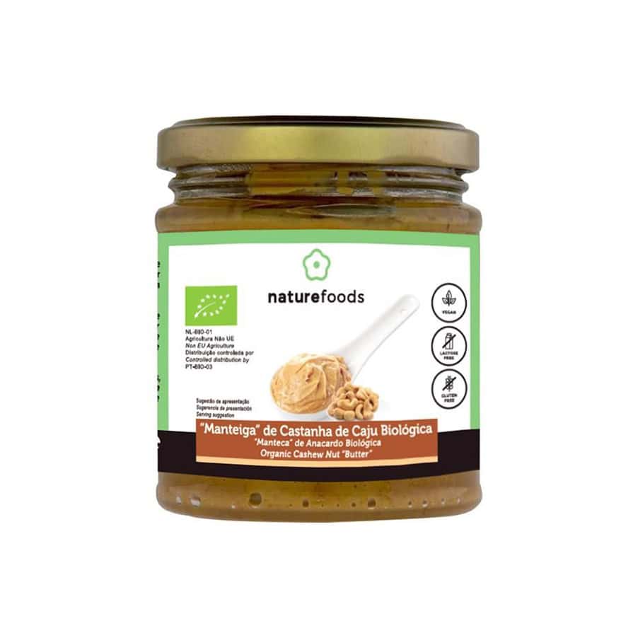 Mantequilla de anacardos orgánica de Naturefoods en un frasco de 170 gramos, elaborada con anacardos 100% orgánicos.