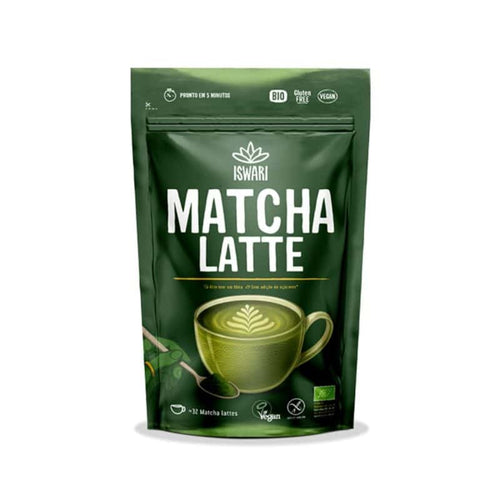 Matcha Latte 100 g Iswari, mistura em pó para preparar uma bebida cremosa à base de chá verde matcha.