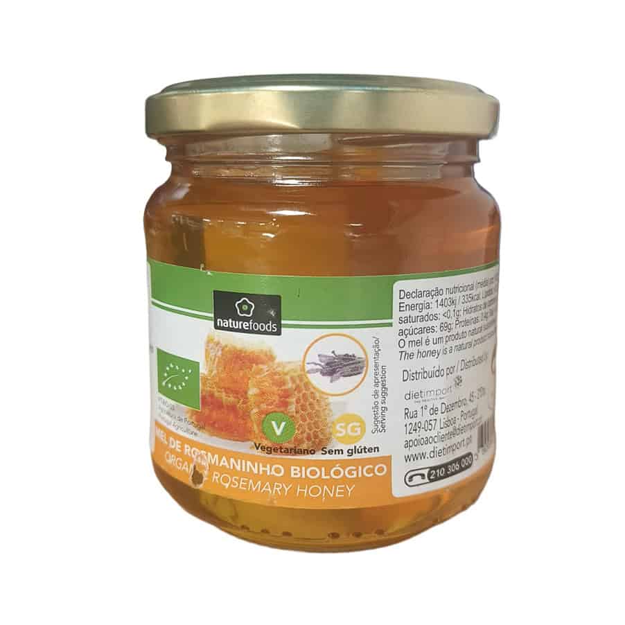 Miel de romero ecológica de la marca Naturefoods en un tarro de 250 g, miel pura y natural con un sabor suave y floral, procedente de apicultura ecológica.