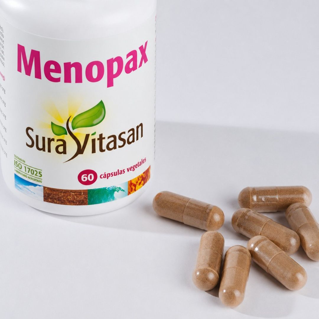 Menopax 60 Cápsulas Sura Vitasan, suplemento feminino com extratos vegetais padronizados para a menopausa.