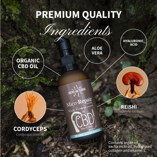 Mico-Repair Sérum com Reishi e Cordyceps 100ml Hifas da Terra para hidratação e cuidado reparador da pele.