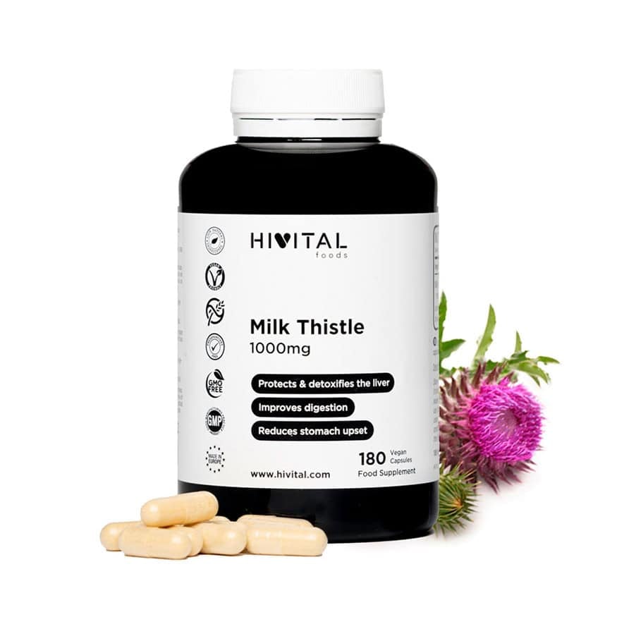Frasco de 180 cápsulas de cardo mariano (extracto de cardo mariano) de 1000 mg de la marca Hivital, un suplemento natural para la salud del hígado y la desintoxicación.