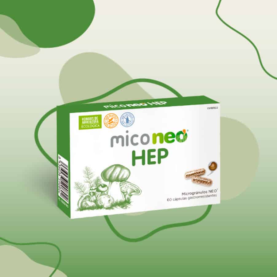 El frasco de Mico Neo HEP de NeoVital Health contiene 60 cápsulas; es un suplemento con hongos medicinales para el apoyo del hígado.