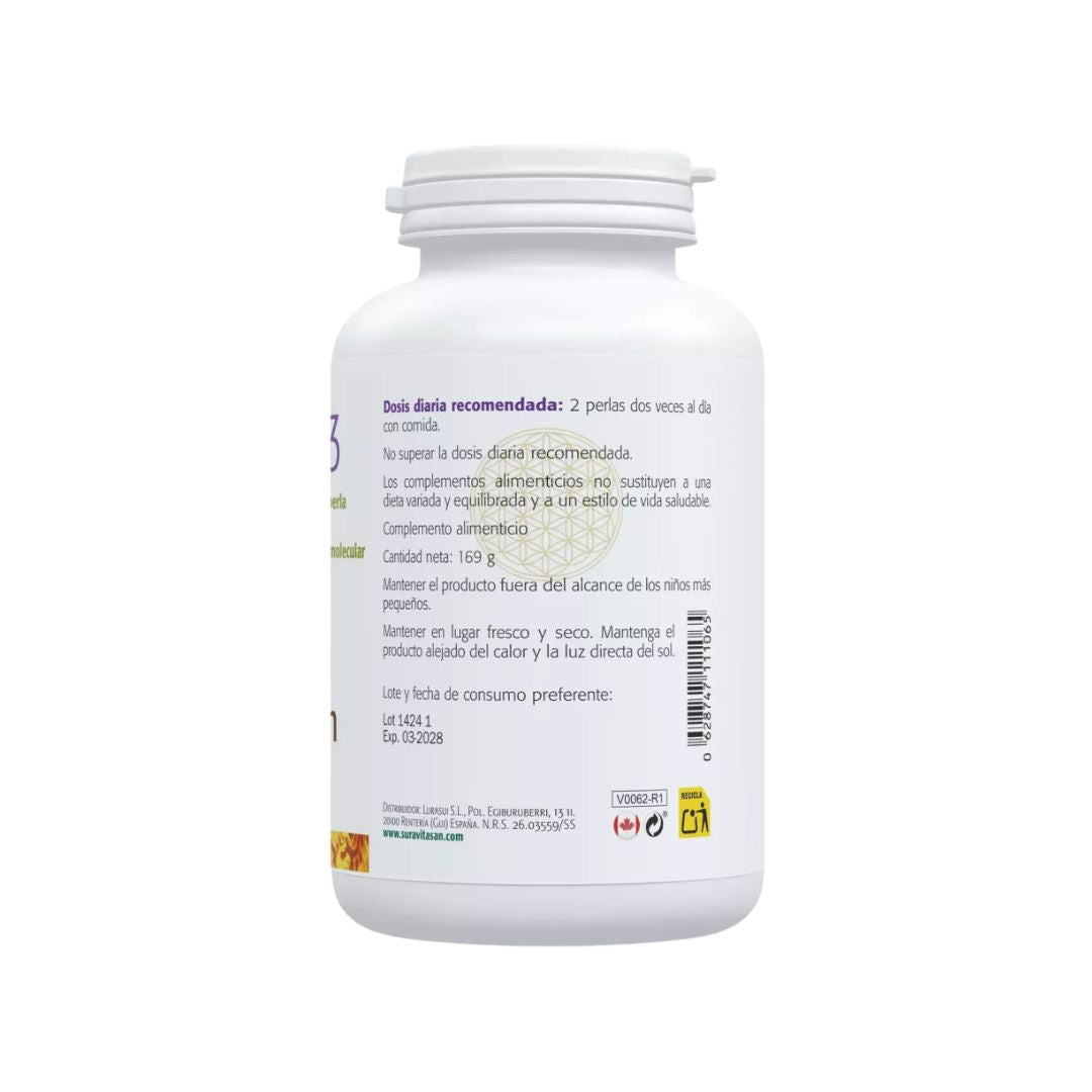 Omega 3 120 Cápsulas Sura Vitasan, suplemento alimentar com óleo de peixe purificado e ácidos gordos essenciais EPA e DHA