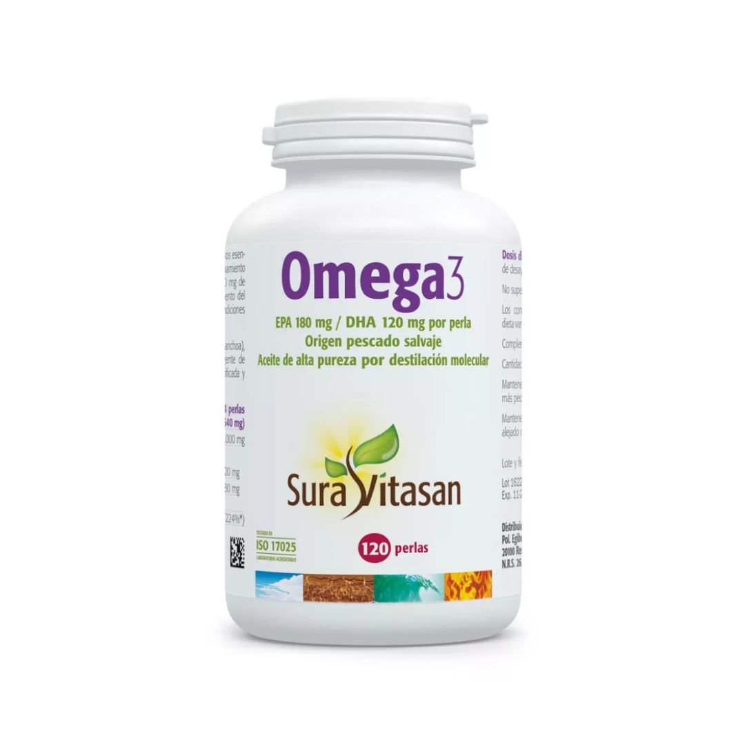 Omega 3 120 Cápsulas Sura Vitasan, suplemento alimentar com óleo de peixe purificado e ácidos gordos essenciais EPA e DHA