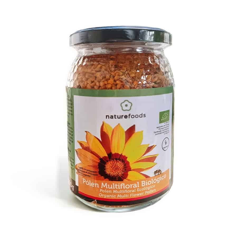 Polen multifloral orgánico Naturefoods en un frasco de 230 g, gránulos naturales obtenidos de diversas flores.