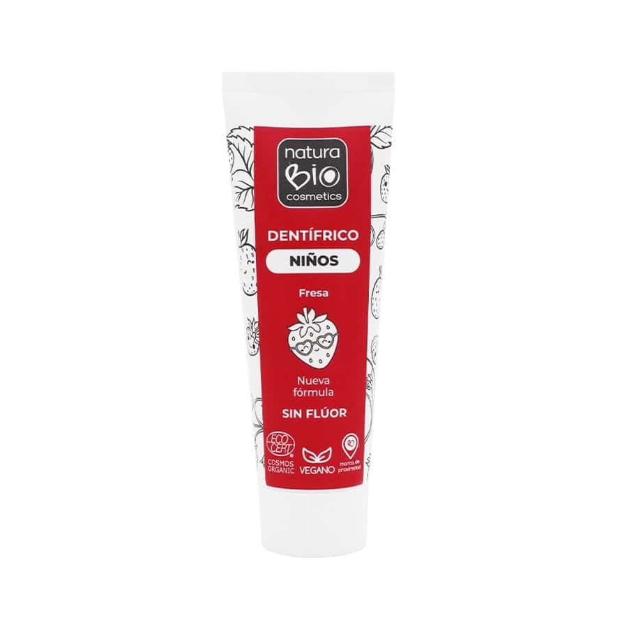 Pasta de dientes infantil Natura Bio con sabor a fresa en envase de 75 ml, formulada con ingredientes naturales y apta para dientes sensibles de los niños.