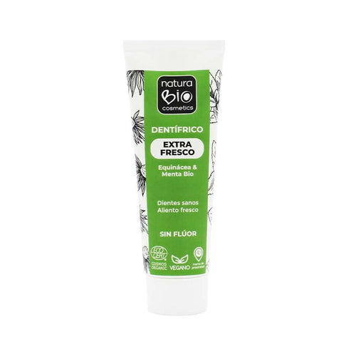 Pasta de dientes Natura Bio Extra Fresco con equinácea y menta en tubo de 75 ml, formulada con ingredientes orgánicos para una limpieza refrescante.