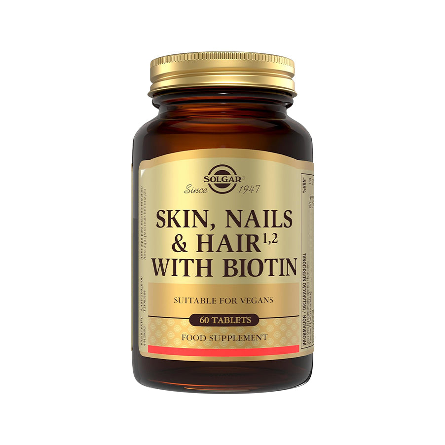 ele, Cabelo e Unhas com Biotina, da Solgar, é um suplemento alimentar formulado com vitaminas, minerais, aminoácidos, MSM e alga vermelha. 