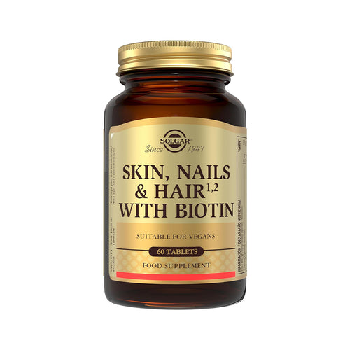 ele, Cabelo e Unhas com Biotina, da Solgar, é um suplemento alimentar formulado com vitaminas, minerais, aminoácidos, MSM e alga vermelha. 