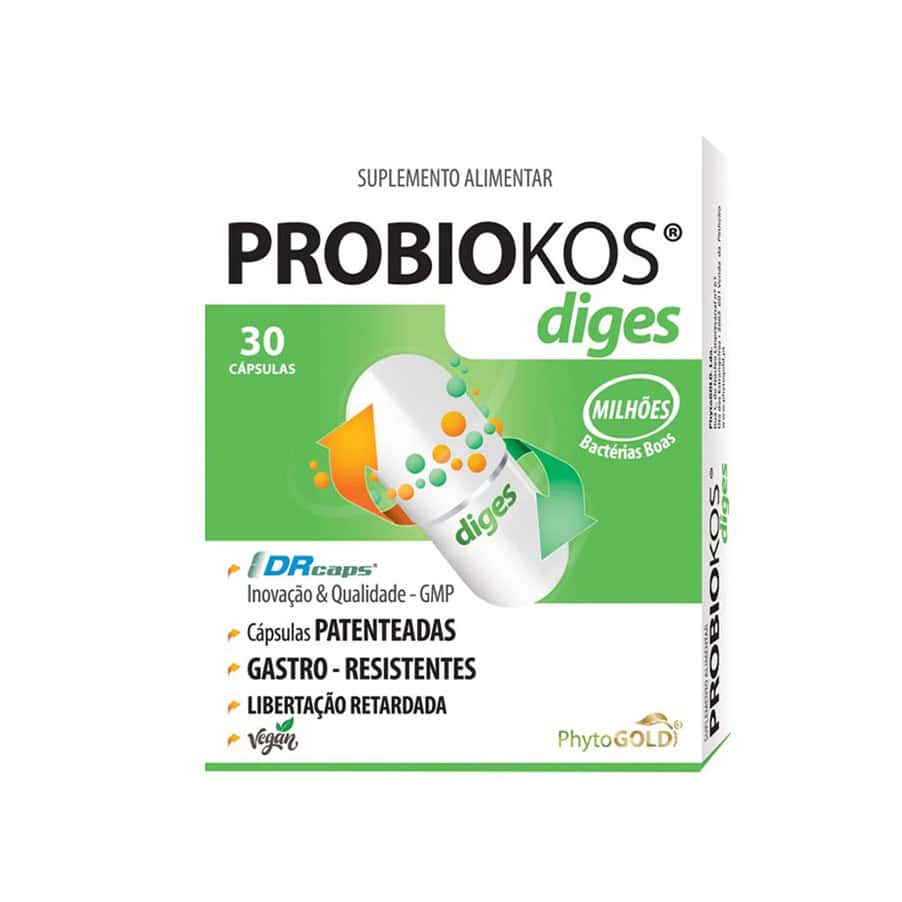 Phytogold Probiokos Diges, frasco de 30 comprimidos con probióticos y enzimas digestivas para favorecer el bienestar gastrointestinal y una digestión equilibrada.