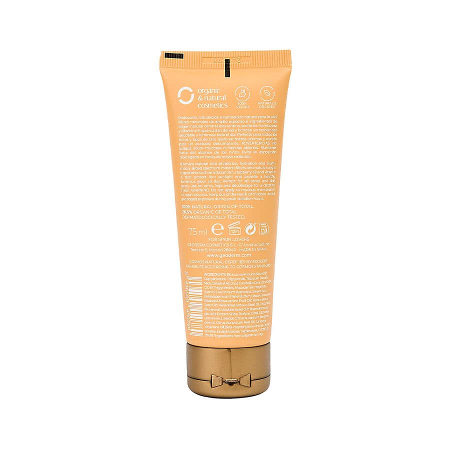 Frasco do Protetor Solar Mineral Body Glow SPF 50 75ml da Geoderm, protetor natural para o corpo com efeito iluminador.