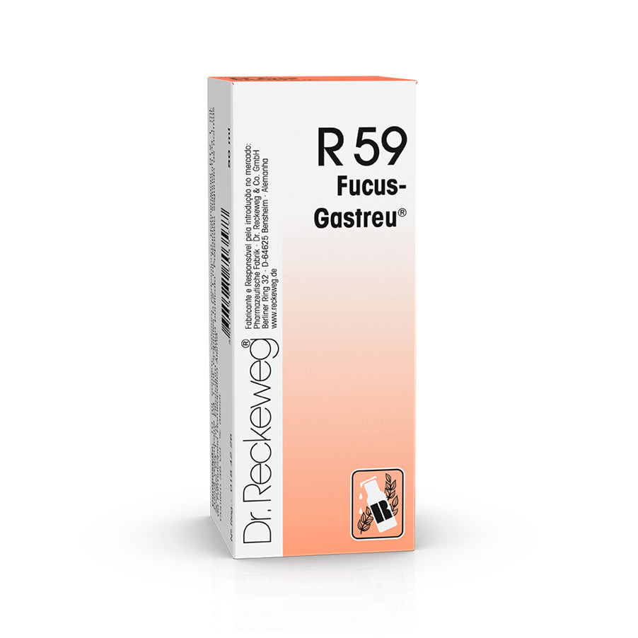 R59 Fucus-Gastreu Gotas Orais 50ml Dr. Reckeweg é uma solução oral homeopática em gotas, preparada segundo as normas da Farmacopeia Homeopática Alemã.