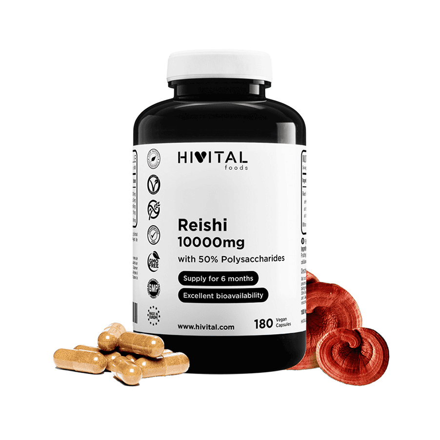 Frasco de Reishi de 10000 mg con 180 cápsulas de Hivital, un suplemento natural para fortalecer el sistema inmunológico y el bienestar general.
