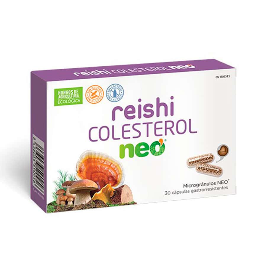 NeoVital Health Reishi Cholesterol Neo, frasco con 30 cápsulas, un suplemento natural para equilibrar los niveles de colesterol.