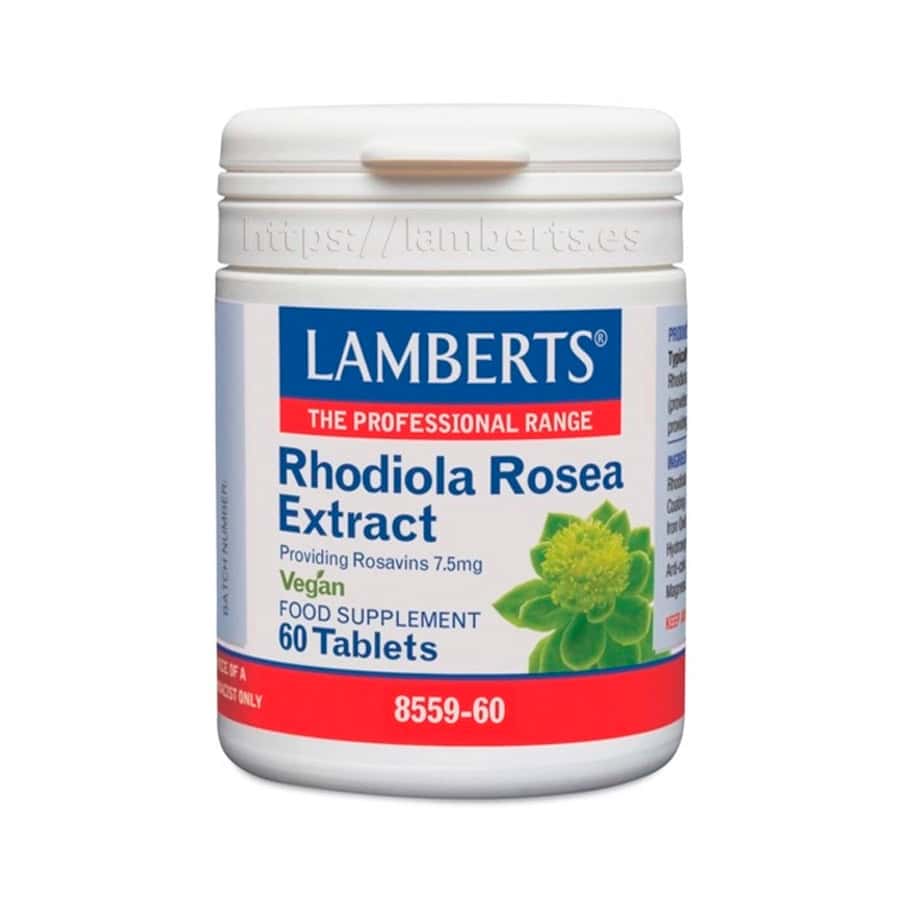 Lamberts Rhodiola Rosea, frasco de 3125 mg con 60 comprimidos, un suplemento adaptógeno para la energía y la reducción del estrés.