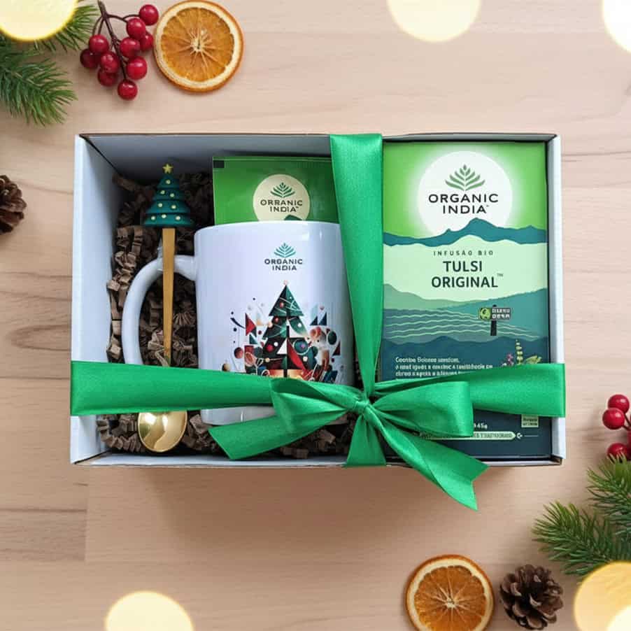 Infusión ayurvédica Tulsi Original Organic India en envase navideño, con una mezcla de hierbas orgánicas y un diseño festivo.