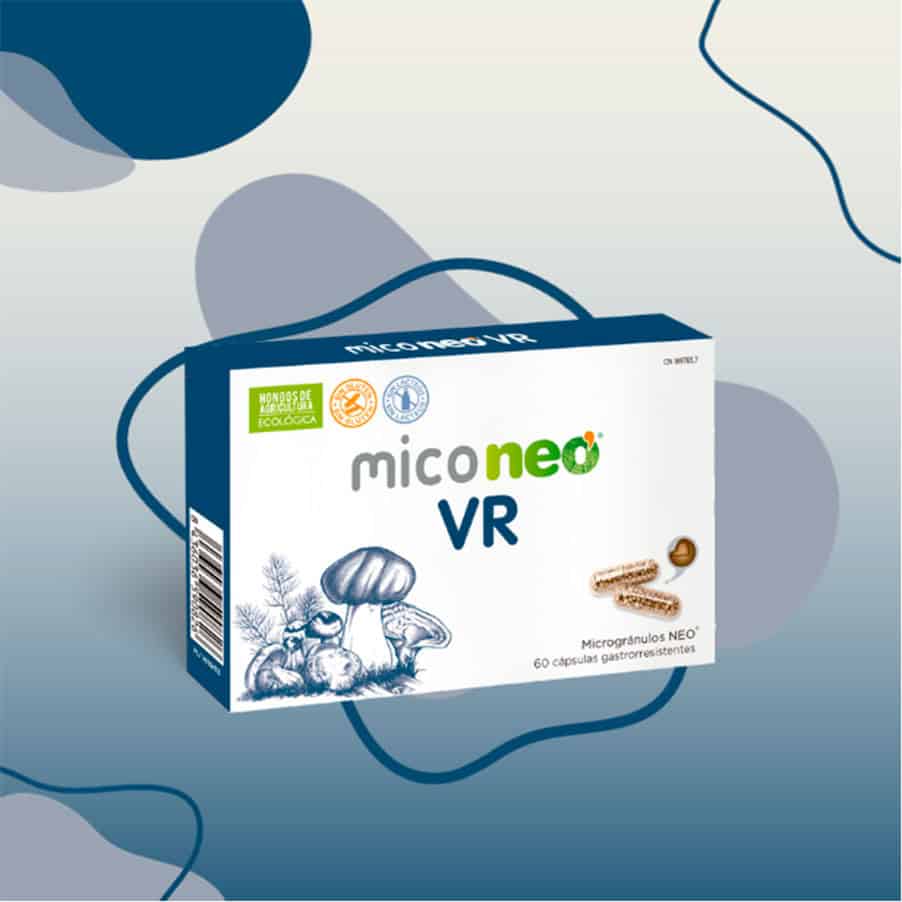 El frasco de Mico Neo VR de NeoVital Health contiene 60 cápsulas; es un suplemento con hongos medicinales para la vitalidad y el rendimiento físico.