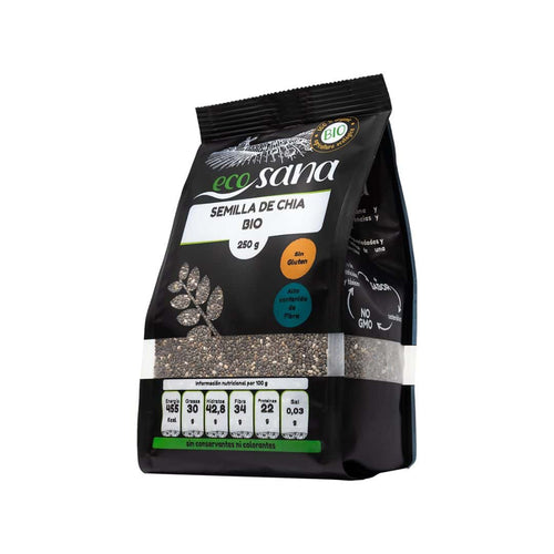 Semillas de chía orgánicas Ecosana, paquete de 250 g, un superalimento rico en fibra, omega-3 y proteína vegetal.