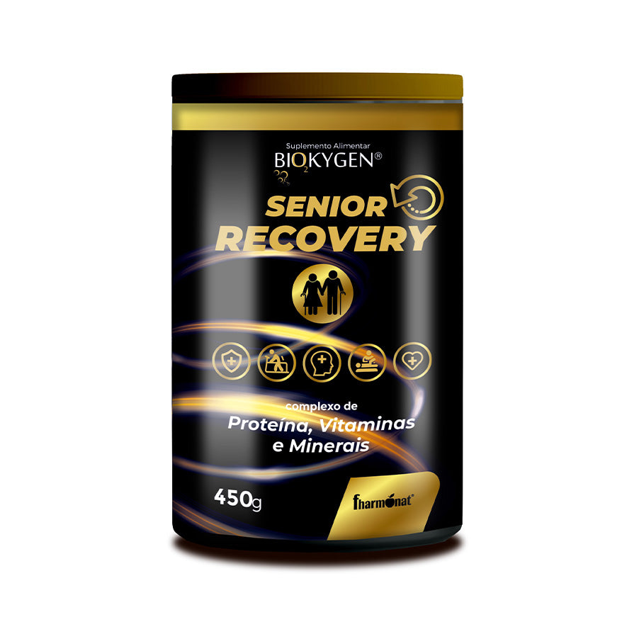 O Senior Recovery 450gr Biokygen é um suplemento alimentar em pó com proteína de soro de leite, colagénio hidrolisado, inulina, bromelaína, papaína, extrato de cranberry, magnésio e vitaminas.
