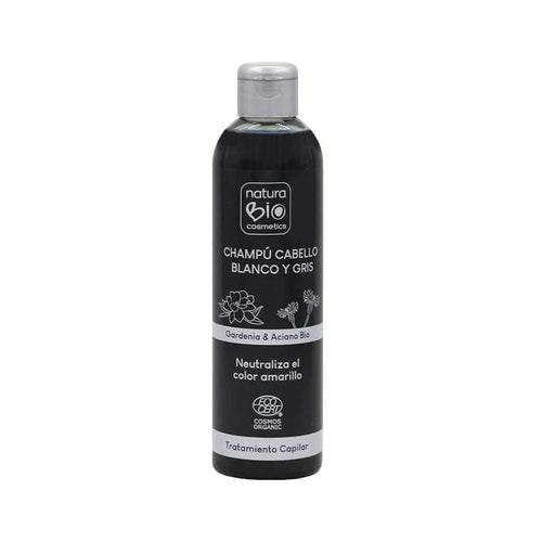 Champú Natura Bio para cabello blanco y gris con gardenia y aciano en botella de 250 ml, formulado para realzar el brillo y neutralizar los tonos amarillos.
