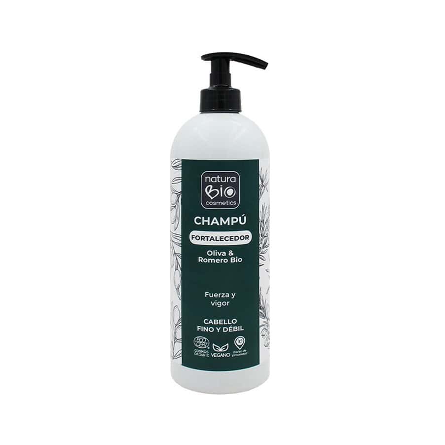 Champú fortalecedor Natura Bio con oliva y romero en botella de 740 ml, formulado para nutrir y fortalecer el cabello de forma natural.