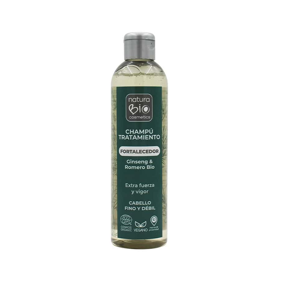 Champú fortalecedor Natura Bio con ginseng y romero en botella de 250 ml, indicado para fortalecer y revitalizar el cabello de forma natural.