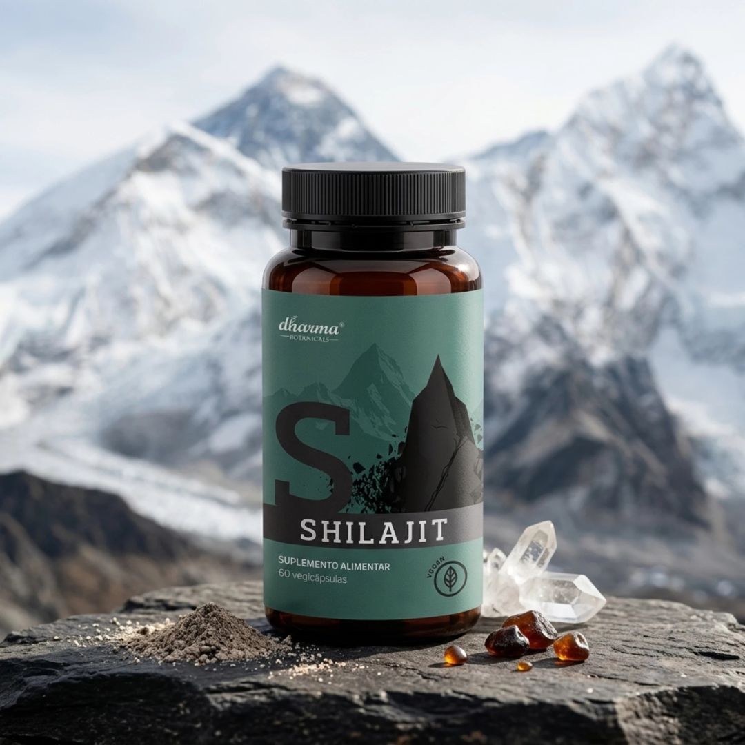 Shilajit 60 cápsulas Dharma Botanicals, suplemento alimentar em cápsulas para apoio à vitalidade e bem-estar geral.